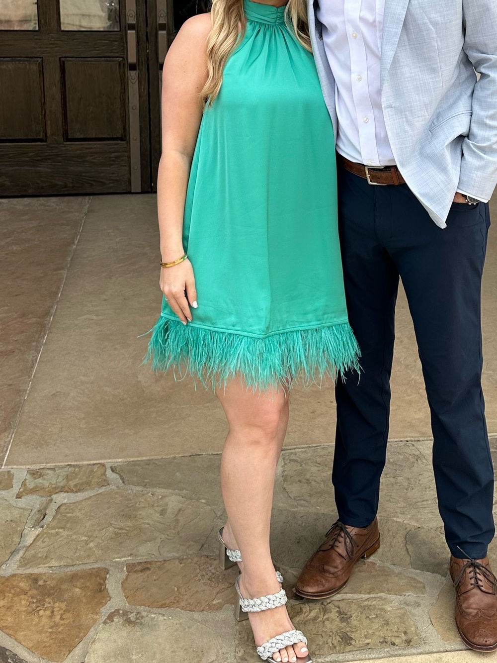 Teal Feather-Hem Mini Dress - Sleeveless Halter